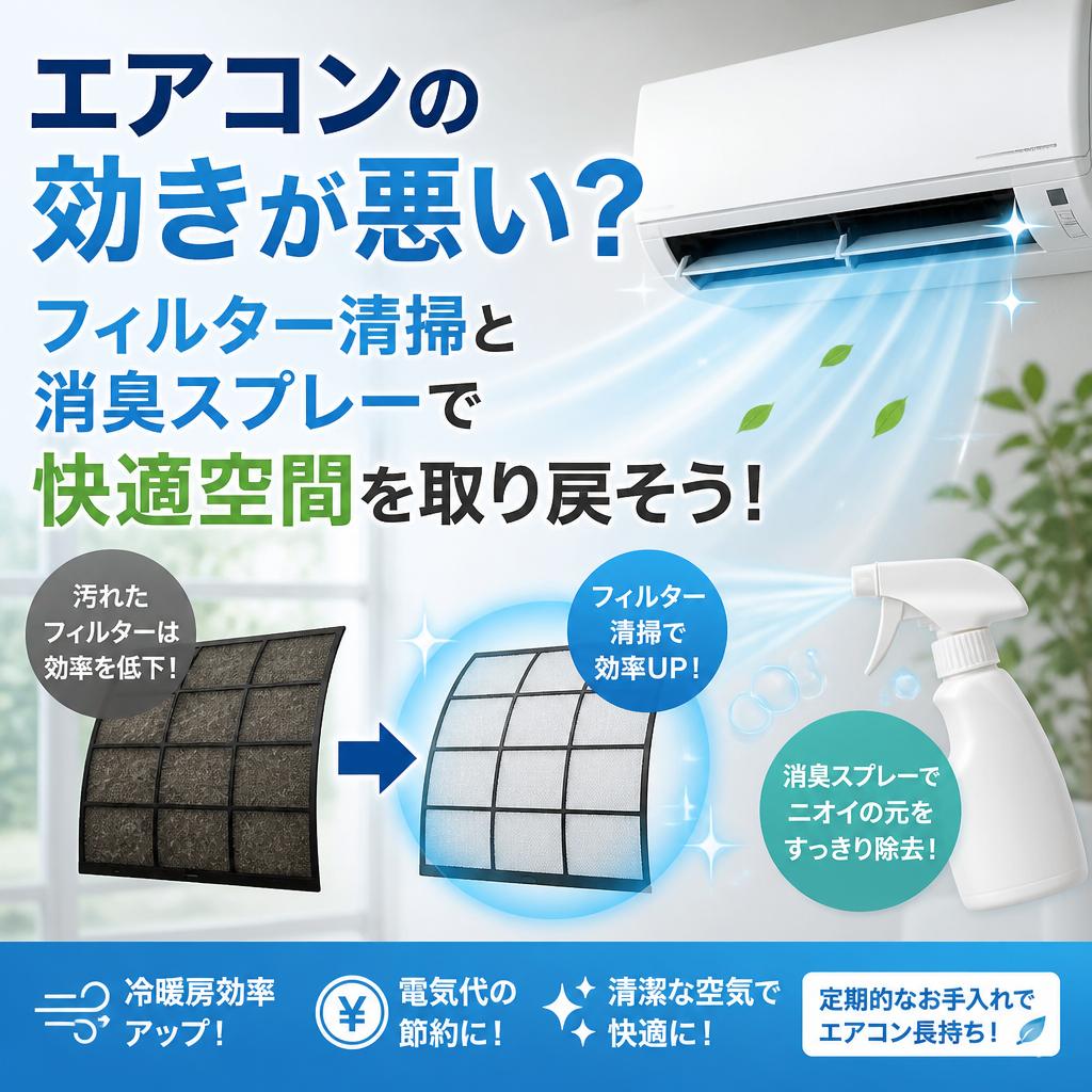 エアコンの効きが悪い？フィルター清掃と消臭スプレーで快適空間を取り戻そう！