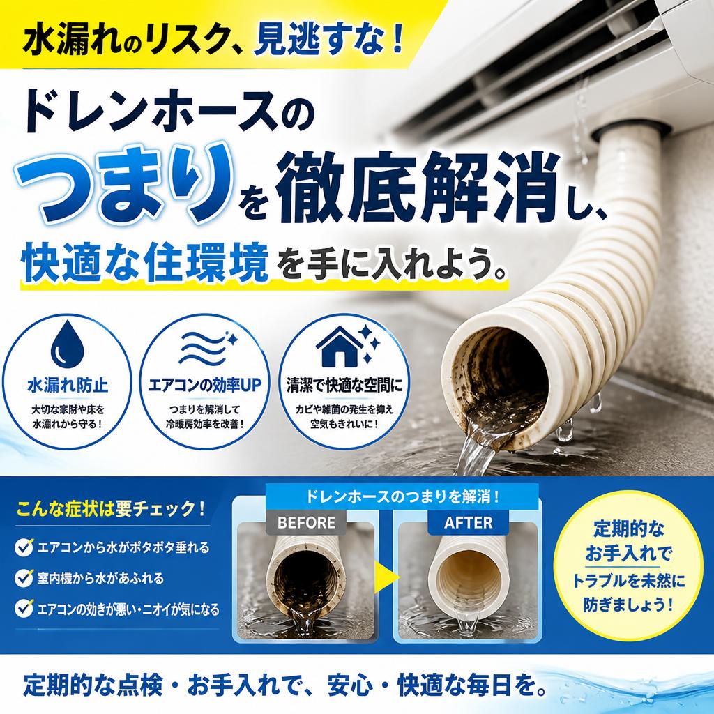 水漏れのリスク、見逃すな！ドレンホースのつまりを徹底解消し、快適な住環境を手に入れよう。
