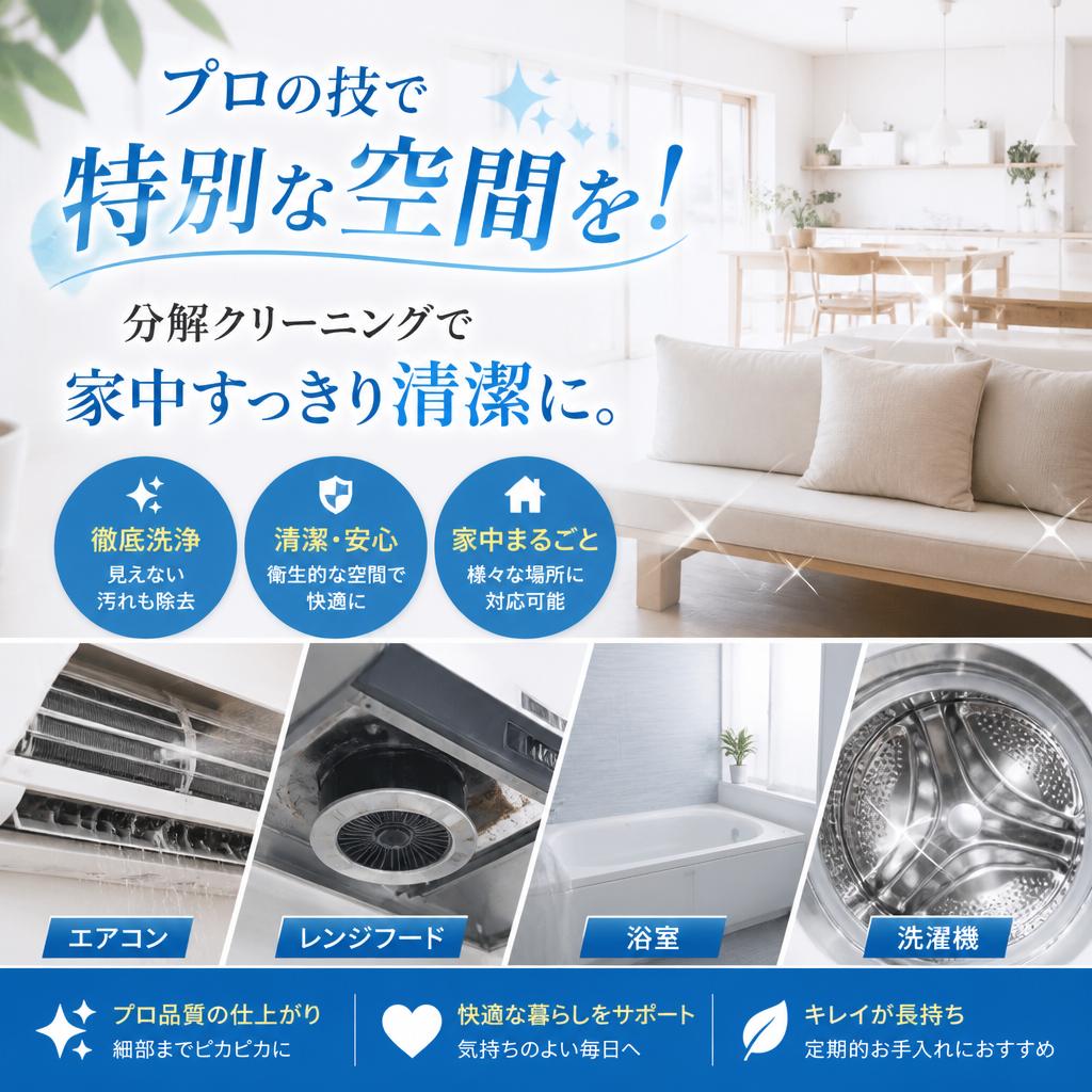 プロの技で特別な空間を！分解クリーニングで家中すっきり清潔に。
